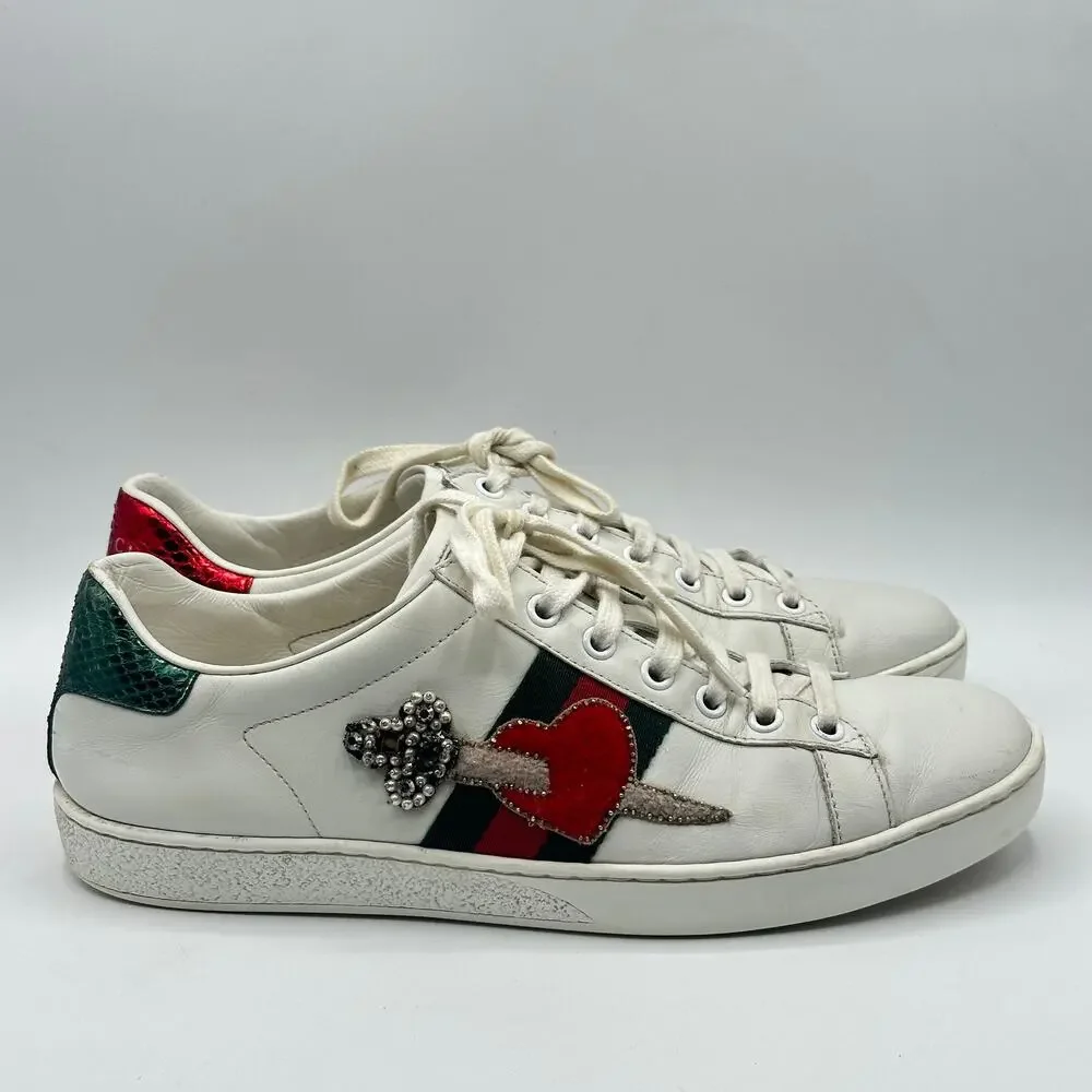 GUCCI Ace Sneakers Heart Sword Dagger GG Jeweled Leather Trainer Sz 38.5